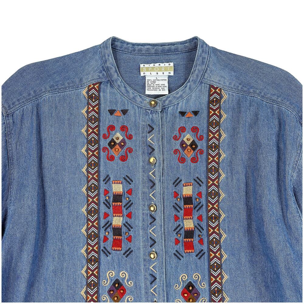 Vintage Sigrid Olsen Denim Shirt Womens L Embroidered Beaded Boho Western